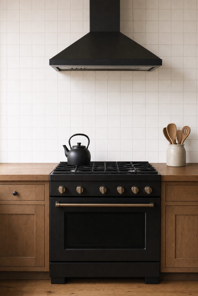 Range and its surrounding counter kept completely free of decor with just a kettle on the cooktop and a spoon crock at a distance