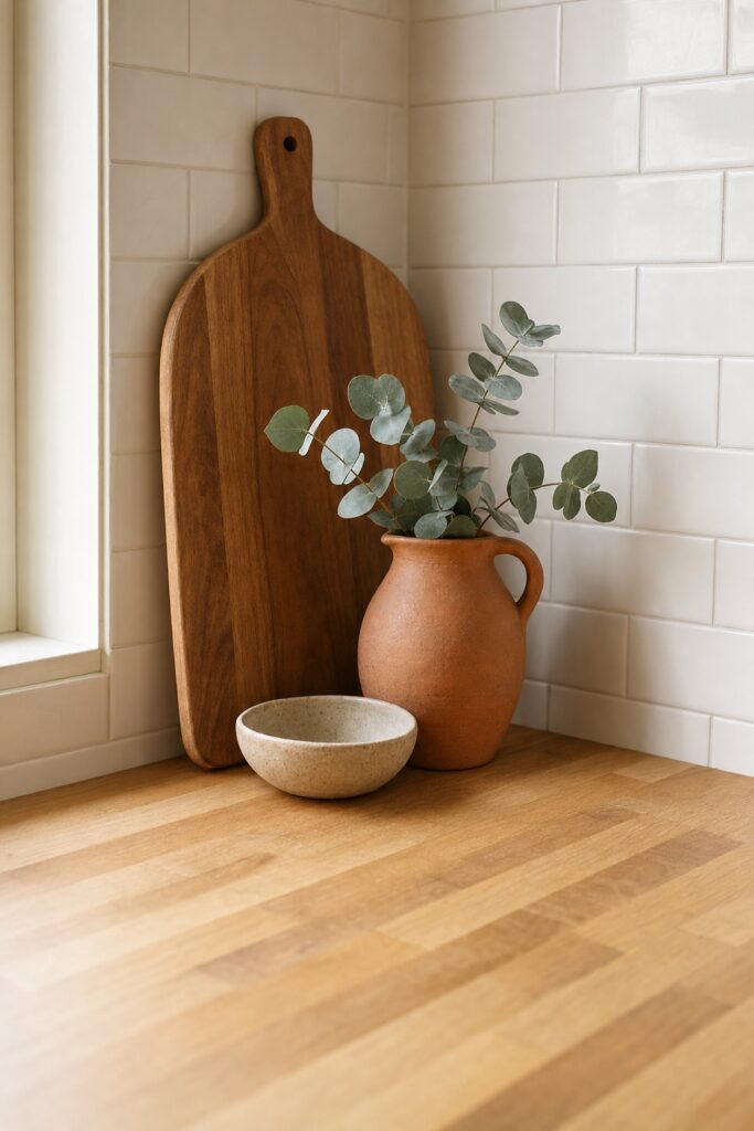 Kitchen counter corner styled with a tall leaned cutting board, a mid-height ceramic pitcher and a low bowl grouped together