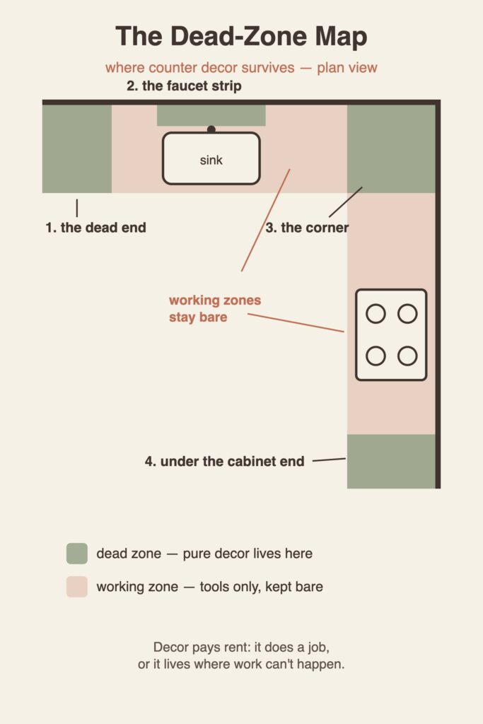 Plan-view diagram of an L-shaped kitchen counter marking the corner, faucet strip, dead end and cabinet-end as decor zones and the rest as working zones