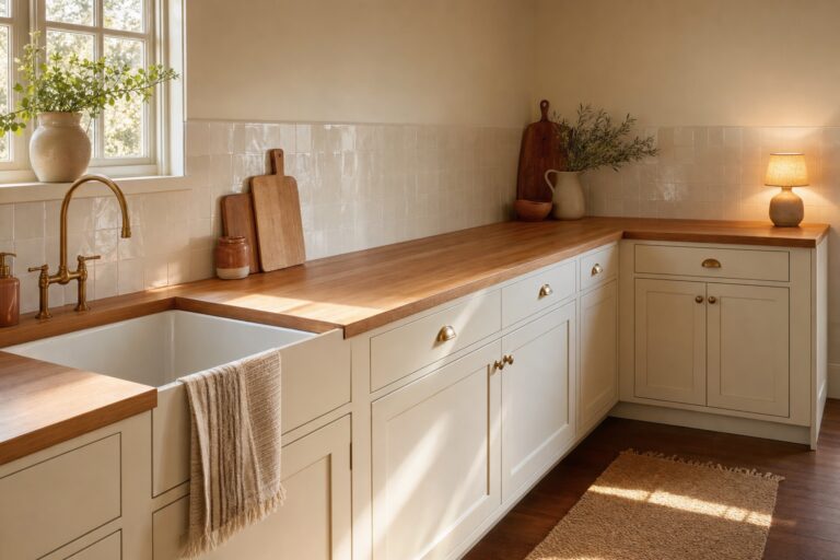 Kitchen counter with a styled corner vignette, leaned cutting boards and a small lamp while the main prep run stays clear