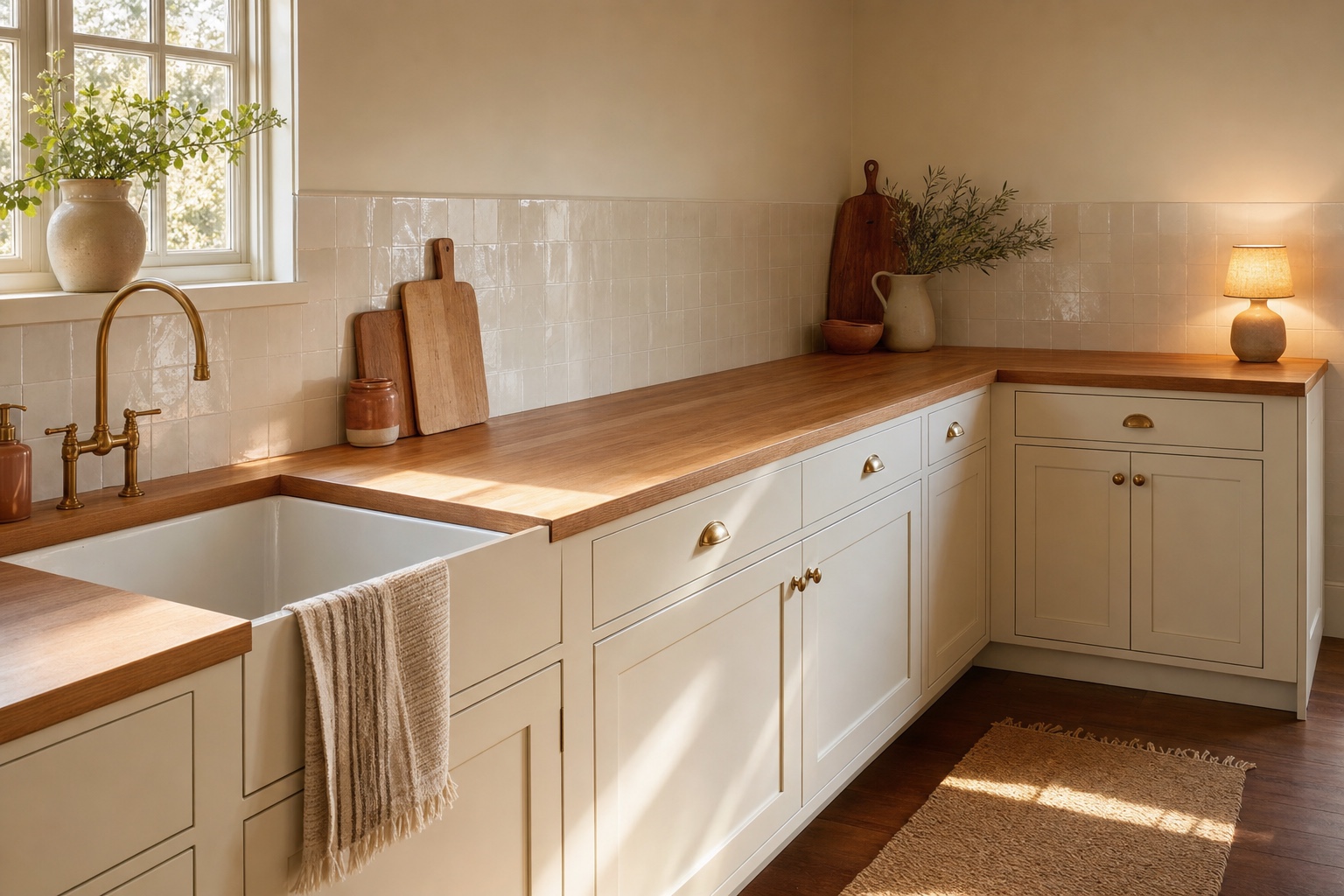 Kitchen counter with a styled corner vignette, leaned cutting boards and a small lamp while the main prep run stays clear