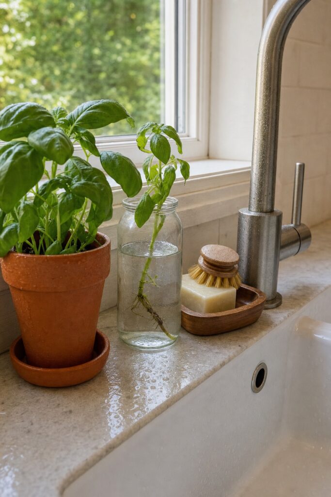 Narrow strip behind a kitchen faucet holding a small potted herb, a propagation glass with cuttings and a wood soap tray