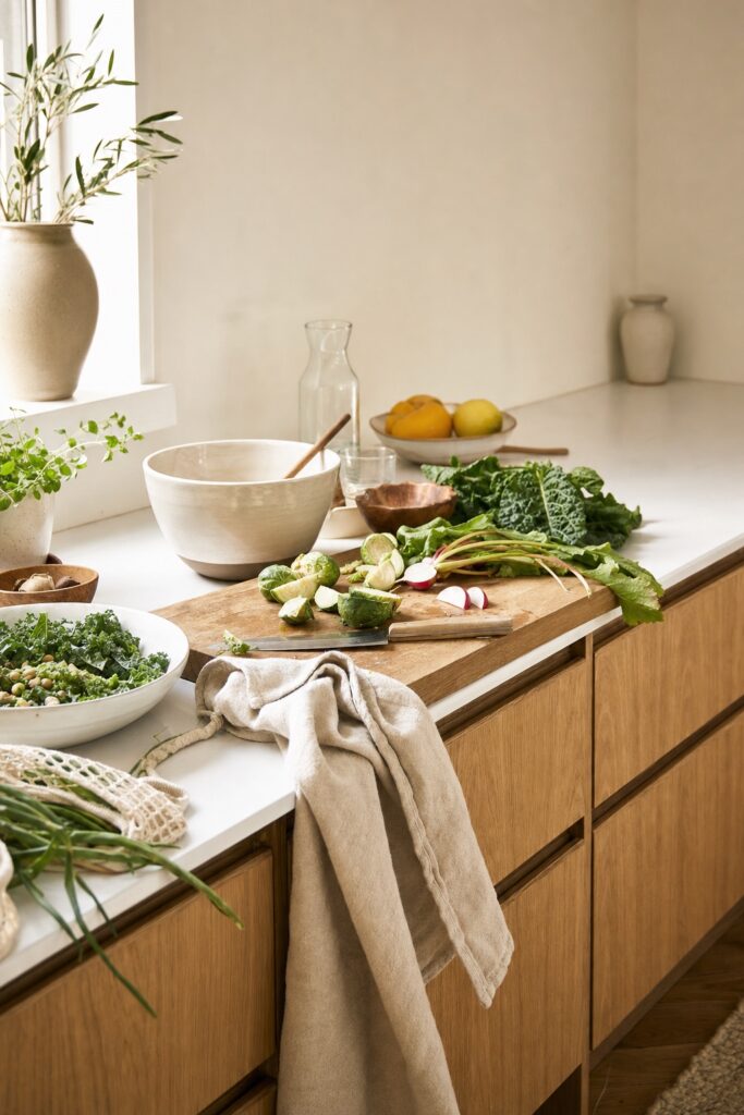 Kitchen counter mid-use with a cutting board, fresh vegetables and a mixing bowl taking over the prep run