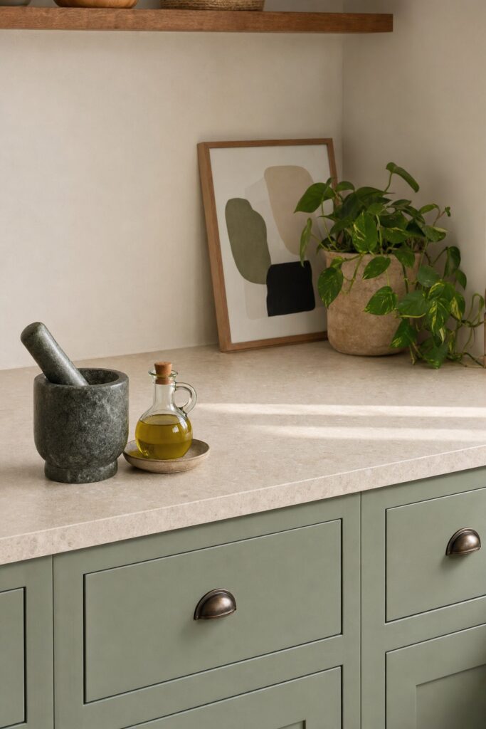 Kitchen counter where a mortar and oil cruet sit in the working run while a plant and framed print live in the deep corner