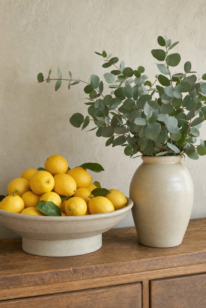 Wide stoneware bowl of fresh lemons on a kitchen counter beside a vase of grocery store eucalyptus stems