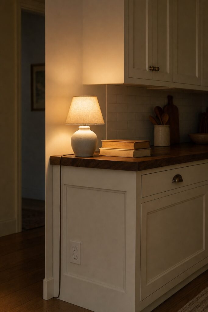 Small lamp glowing warm on a dead-end stretch of kitchen counter far from the sink and range with its cord running straight to the outlet