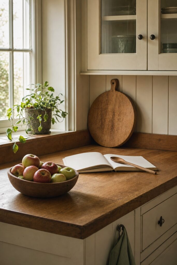 Relaxed styled kitchen counter with real fruit, working boards and one plant, free of word signs and prop canisters