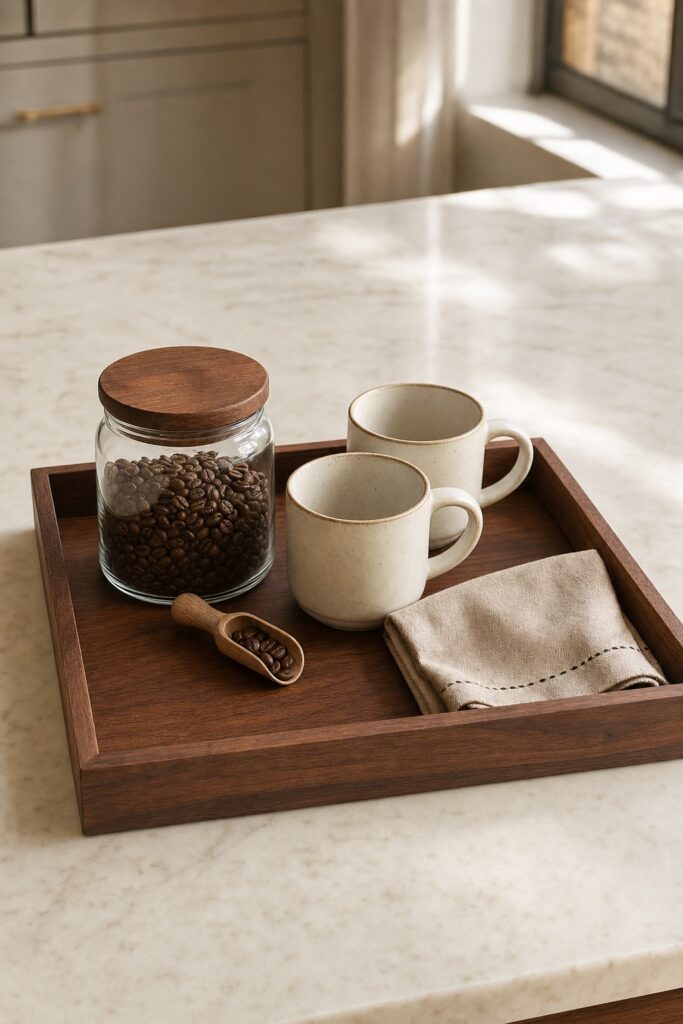Wood tray on a kitchen counter holding a coffee station of beans jar, scoop and two mugs as one tidy unit