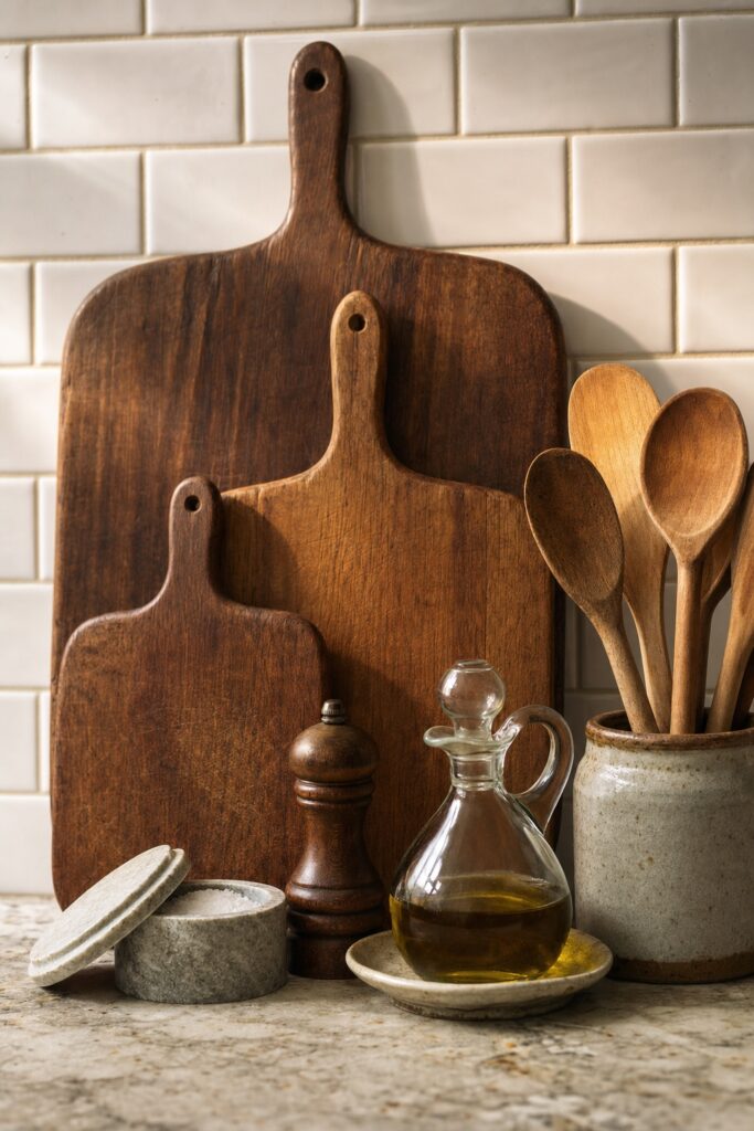 Overlapping wood cutting boards leaned against a backsplash beside a salt cellar, pepper mill, oil cruet and crock of wooden spoons