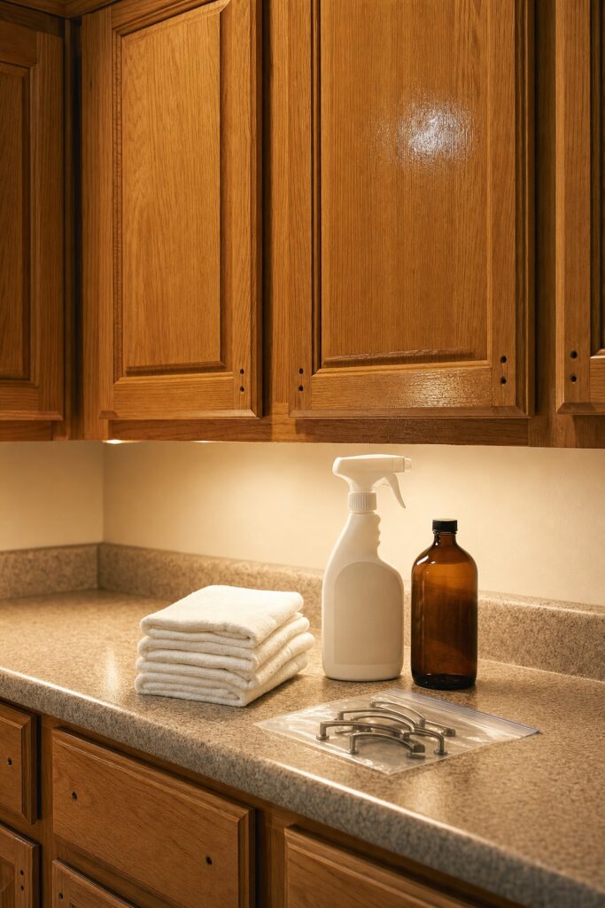 Rental kitchen mid-prep with empty counters, cabinet hardware removed into a clear bag, and degreasing supplies staged