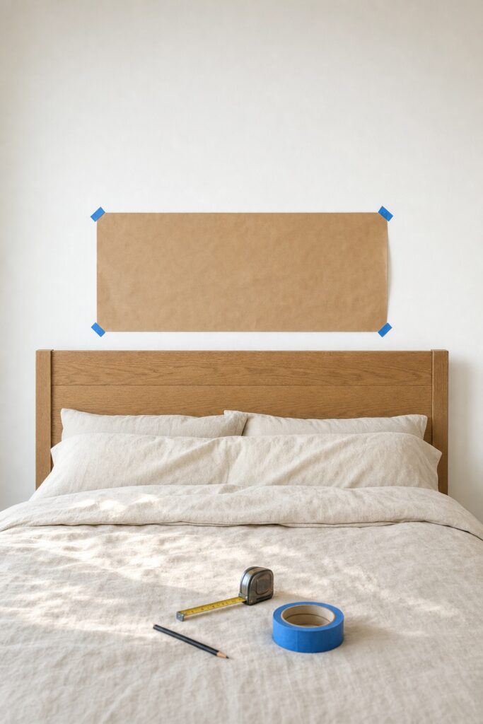 Kraft paper rectangle taped to the wall above a bed to mock up artwork size before hanging