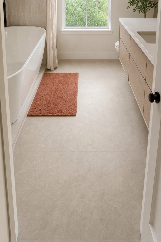 Small bathroom floor in large-format tile with matching grout running unbroken to the far wall with a single bath mat