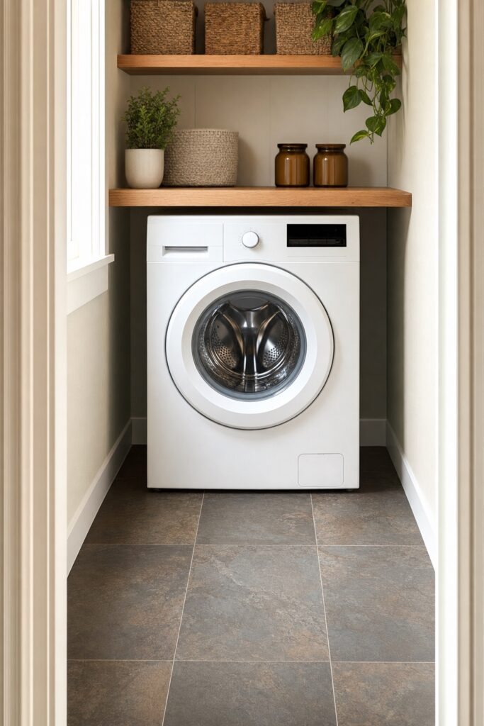Compact laundry room with new slate look peel and stick floor tile between a washer and open shelving