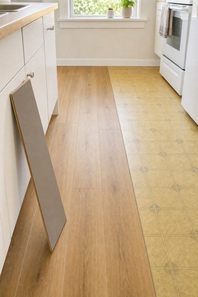 Loose lay vinyl planks partially covering a dated sheet vinyl floor with one plank leaning to show its plain back