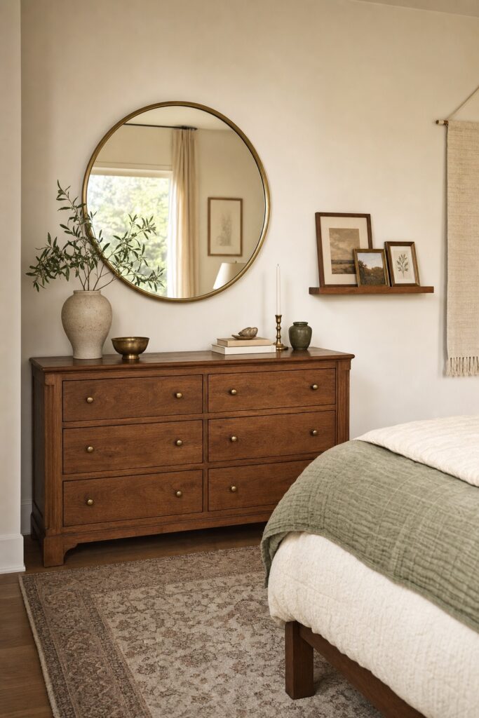 Round mirror hung on the wall opposite the bed above a dresser with a picture ledge while the bed wall stays light