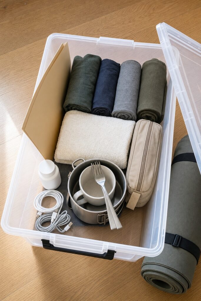 Clear storage bin packed with the 72-hour essentials including a document folder, medication bottle, chargers, rolled clothes, towel and a small pot and mug