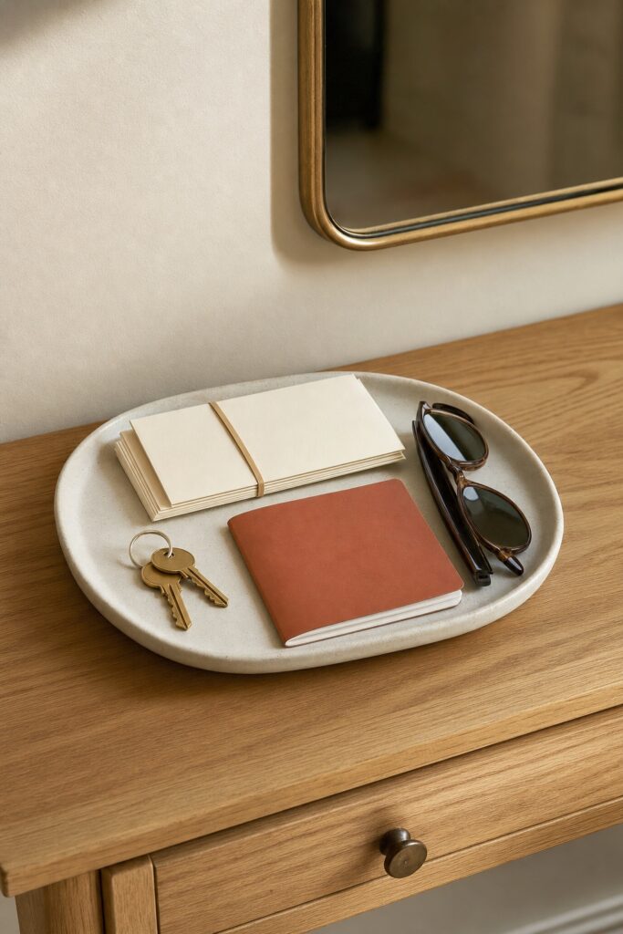 Entry table tray holding apartment keys, a bundle of envelopes and a small booklet staged for the address-change and license errands of an interstate move