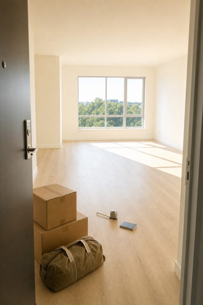 Bright empty new apartment with the front door open, the first moving boxes inside and a tape measure lying on the bare floor