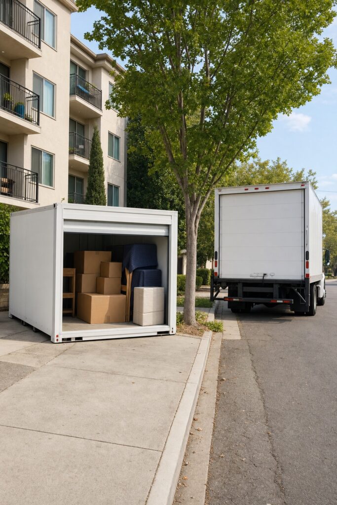 Unbranded portable moving container on a driveway beside a plain rental box truck parked at the curb of an apartment building
