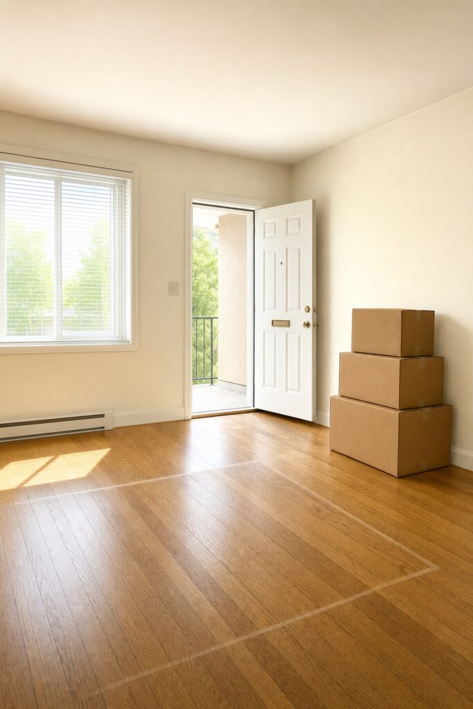 Nearly empty apartment at the deposit walkthrough with clean bare walls, swept floors and the last moving boxes waiting by the door