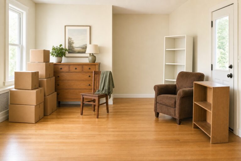 Apartment living room sorted for an out-of-state move with a tidy keep zone of packed boxes and solid wood furniture and a separate sell pile