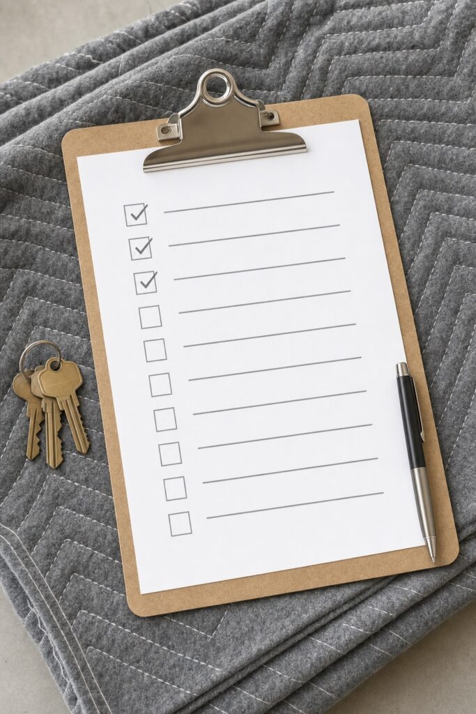 Clipboard on a moving blanket holding a one-page checklist sheet drawn with empty checkboxes and lines beside a pen and apartment keys