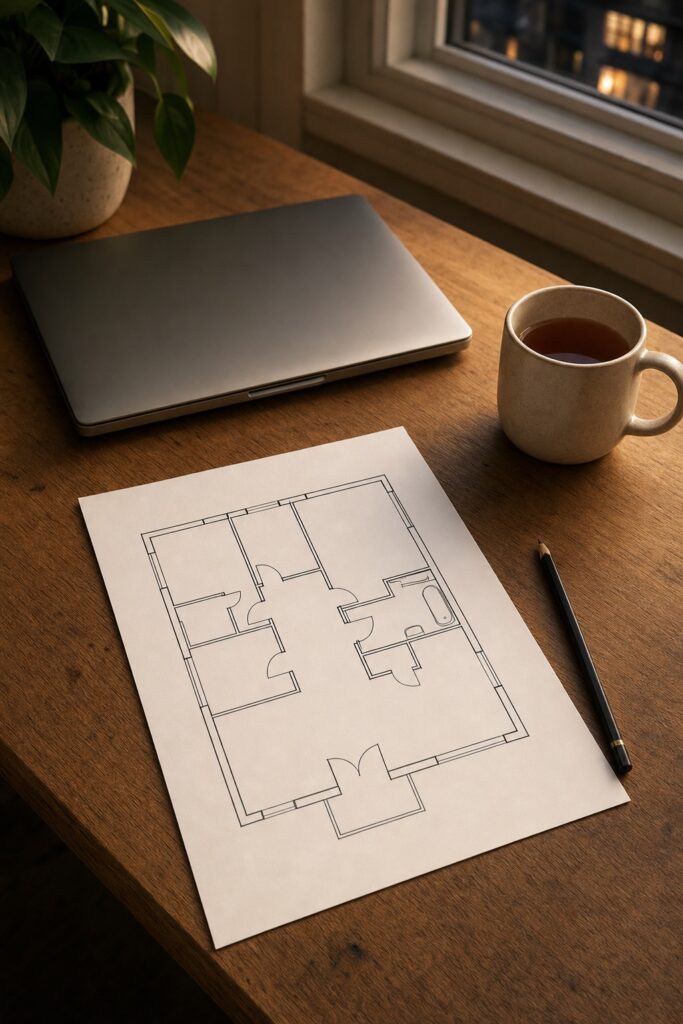 Closed laptop on a table beside a printed apartment floor plan and a mug during a long-distance sight-unseen apartment search