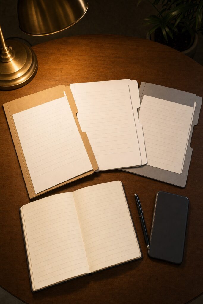 Three plain moving company quote folders fanned on a table beside a face-down phone and a blank notepad during the compare-quotes evening