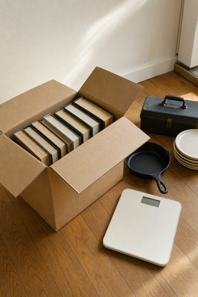 Half-packed moving box of books next to a floor scale showing how weight drives out-of-state moving costs