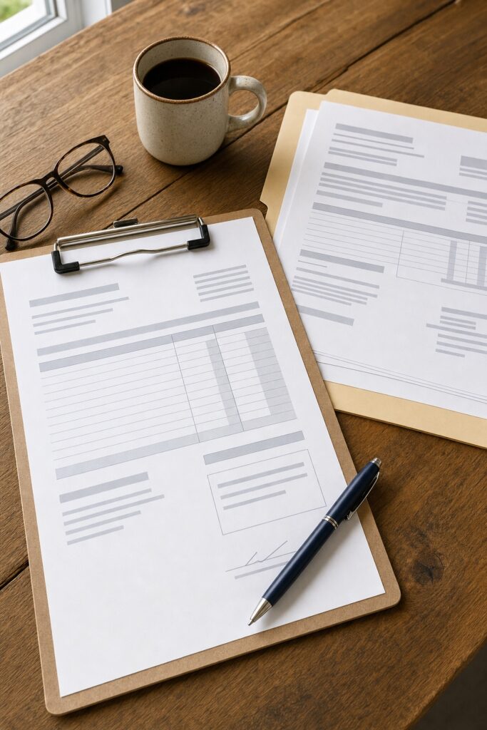 Clipboard holding a blank moving estimate form beside a document folder and pen representing the federal paperwork an interstate mover must provide