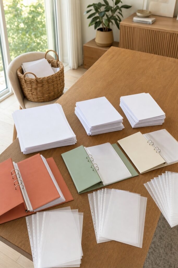 Laundry basket of papers beside three sorted piles on a table with three open binders waiting during the ninety minute setup