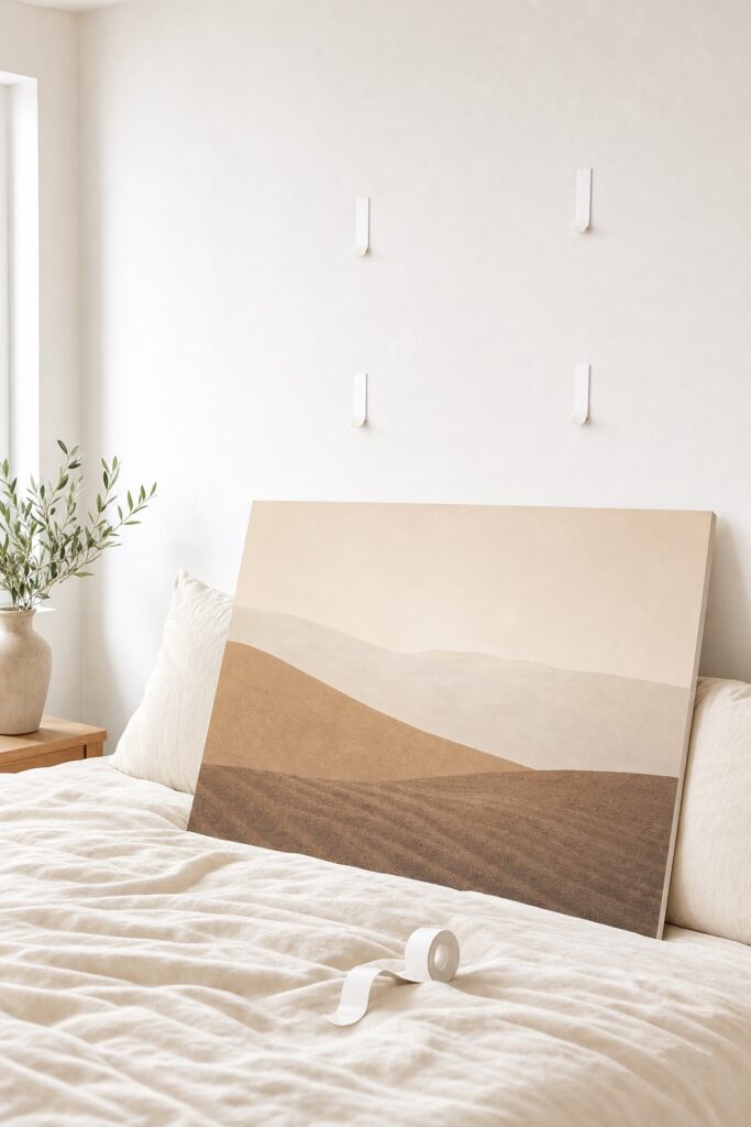 Adhesive strips applied to a bedroom wall with a lightweight foam mounted print leaning ready to hang and no tools in sight
