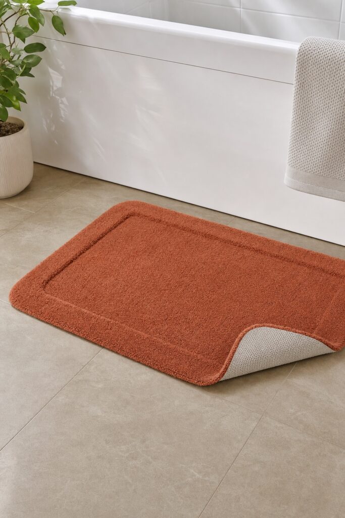 Bath mat placed at the tub exit with one corner turned up showing its non-slip rubber backing