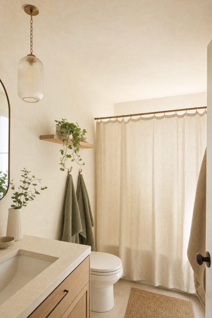 Small bathroom with walls, ceiling, and shower curtain in one warm white family with texture and small sage accents