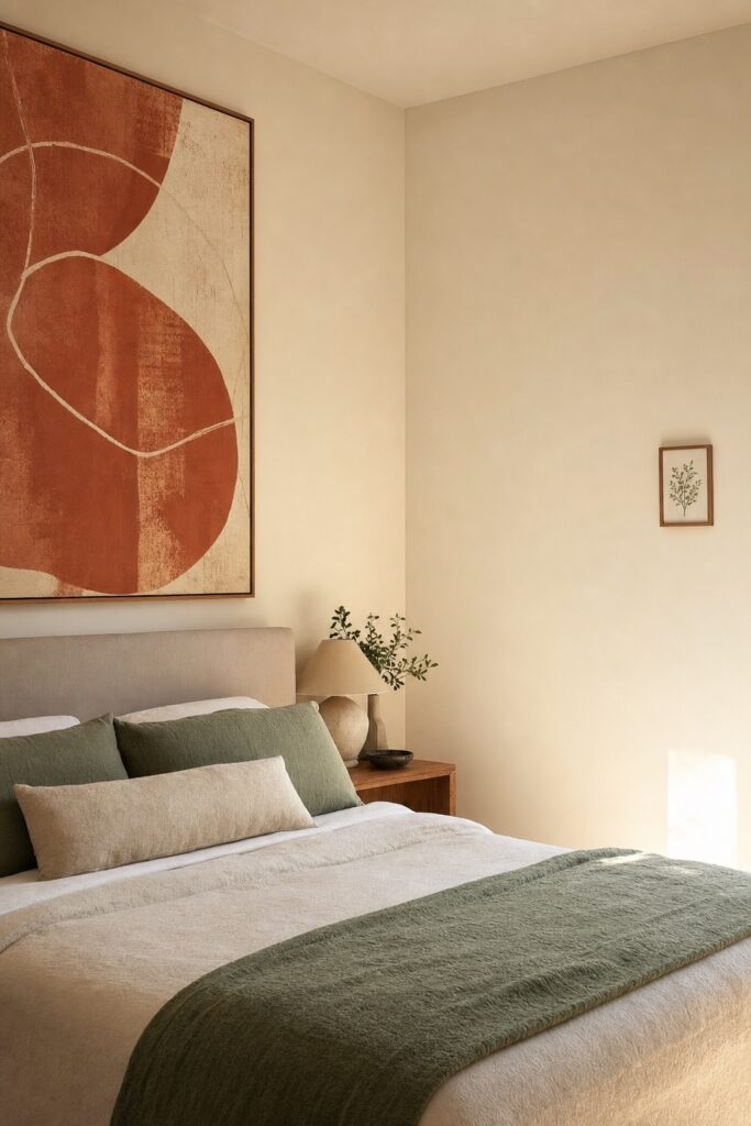 Bedroom where one bold artwork above the bed leads while the adjacent wall holds only a small quiet piece