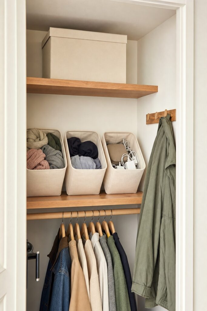 Closet with open top bins at reach height for daily items, a lidded archive box on the top shelf, and a jacket on a hook