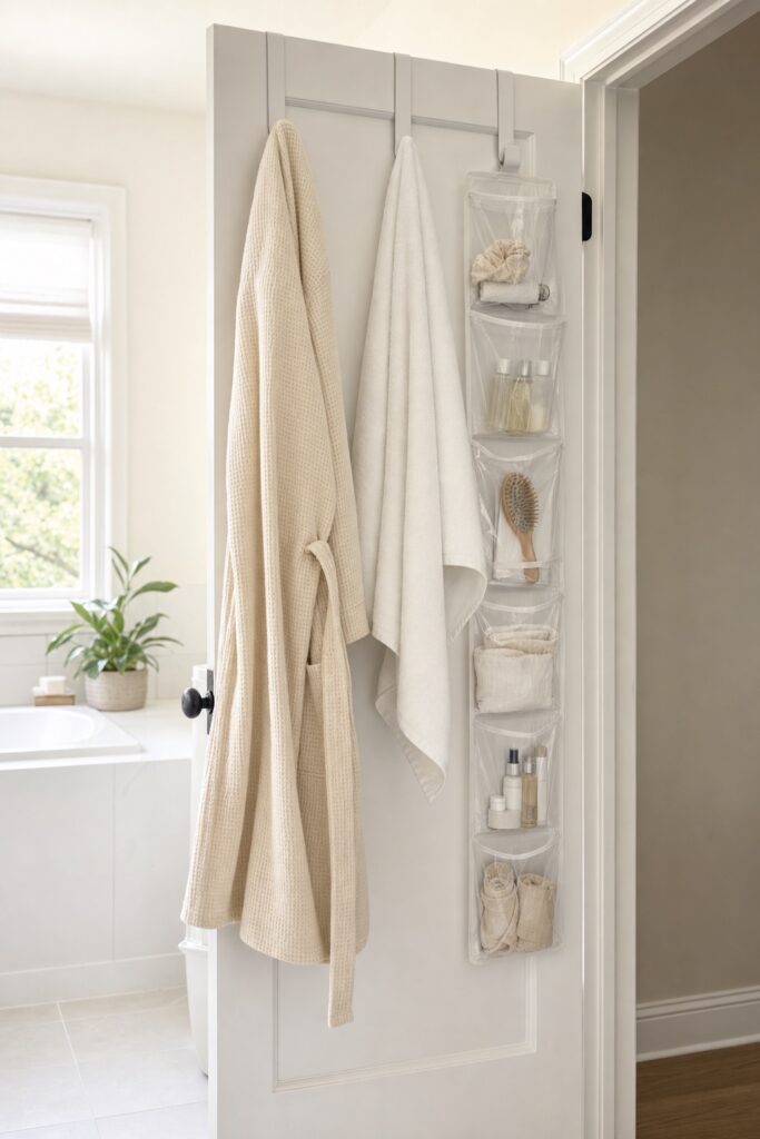 Back of a bathroom door holding a robe and towel on over door hooks beside a clear pocket organizer with small items