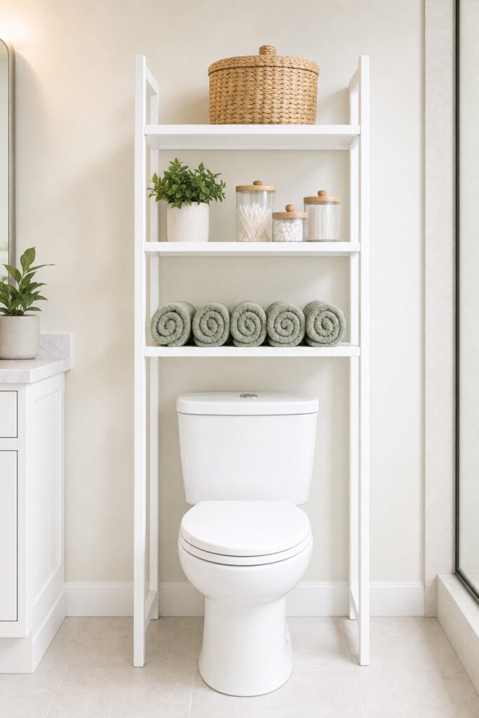 Freestanding over toilet shelf unit straddling the tank with rolled towels on the low shelf and a lidded basket on top