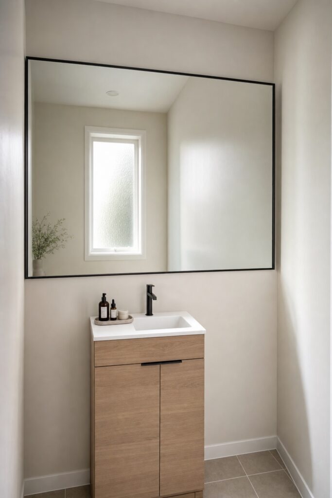 Thin-framed mirror wider than the vanity below it reflecting a bright window and extending a small bathroom