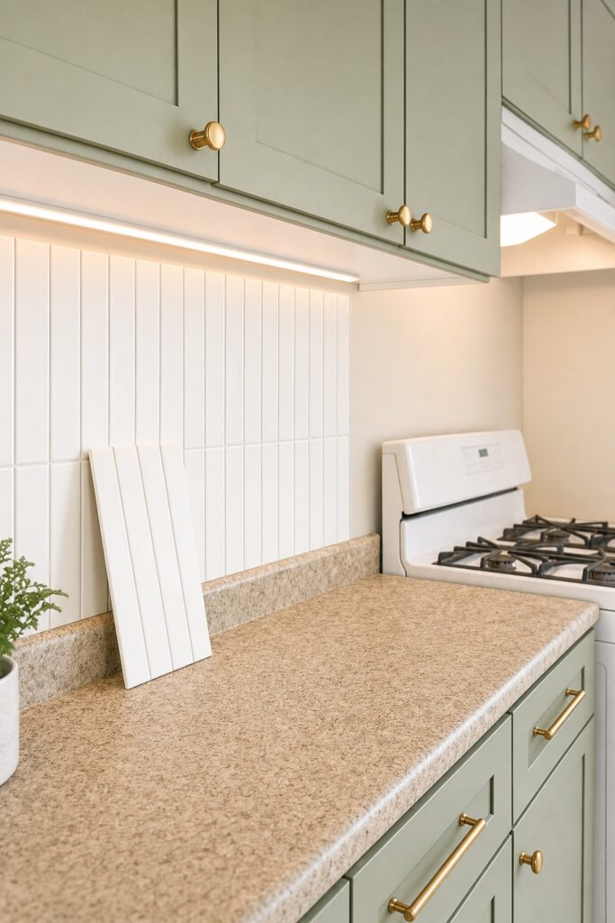 White peel and stick tile backsplash installed along a rental kitchen counter stopping short of the range area