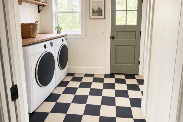 Small laundry room with a freshly laid black and white checkerboard peel and stick floor tile