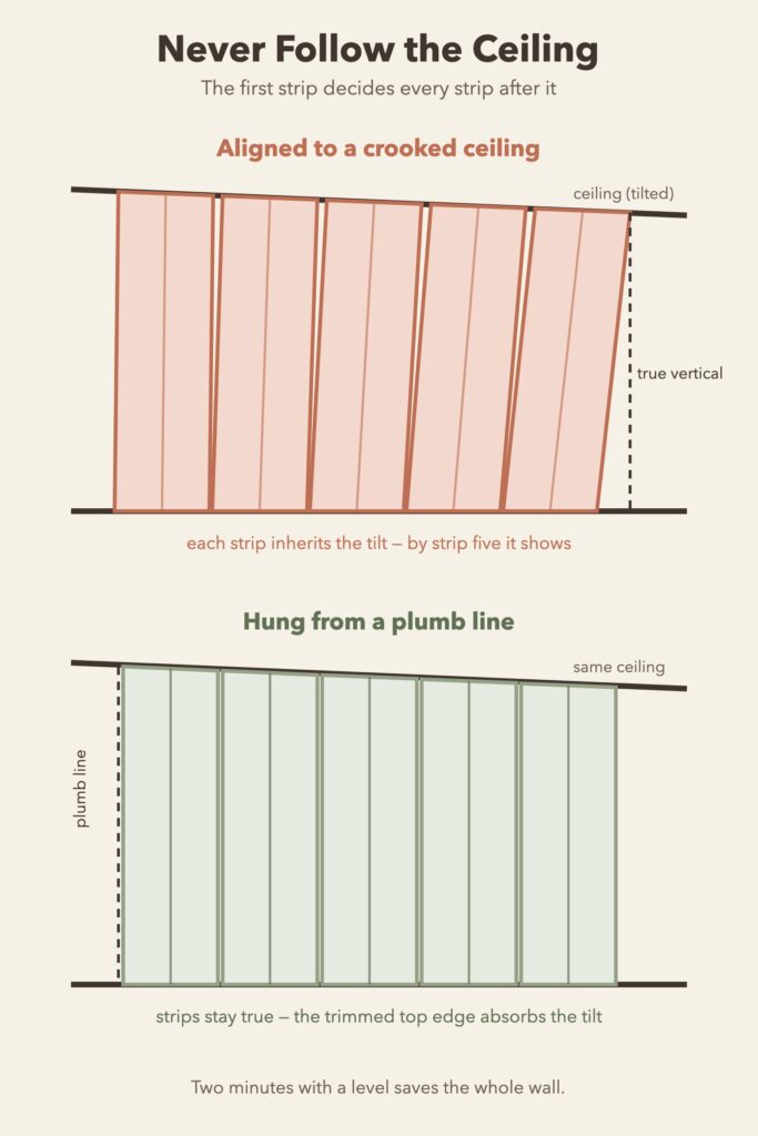 Diagram comparing wallpaper strips aligned to a crooked ceiling, which lean progressively, with strips hung from a plumb line that stay vertical