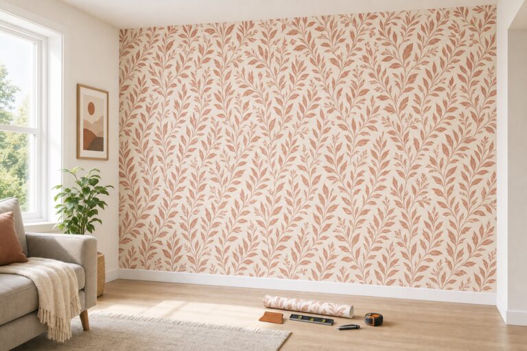 Finished peel and stick wallpaper accent wall with straight pattern lines and installation tools resting at the baseboard
