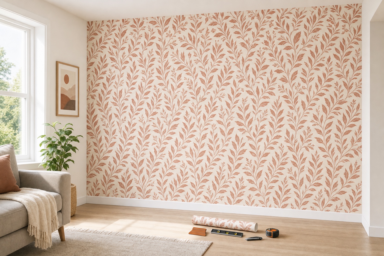 Finished peel and stick wallpaper accent wall with straight pattern lines and installation tools resting at the baseboard