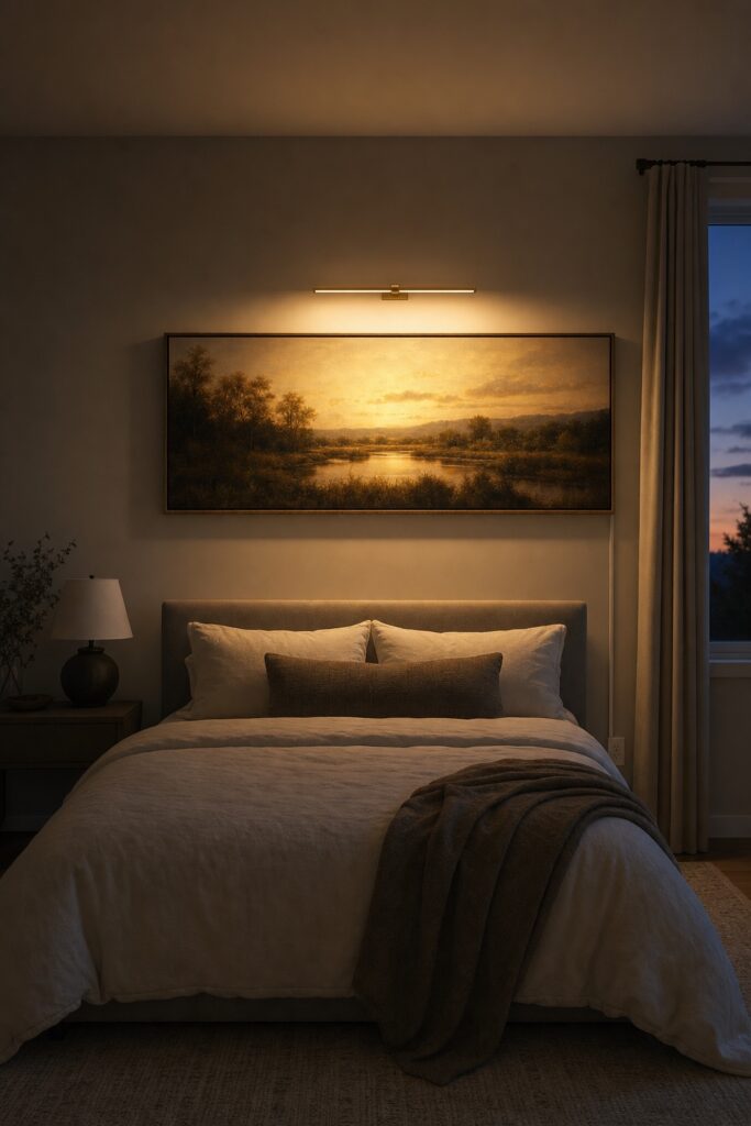 Plug-in picture light glowing warmly over a horizontal artwork above a bed at dusk with a cord cover running to the outlet