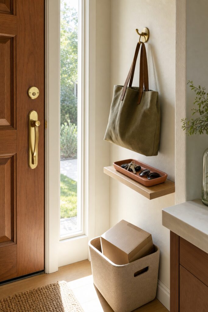 Entry door area with a hook, a small key tray, and a returns bin placed exactly where entering happens
