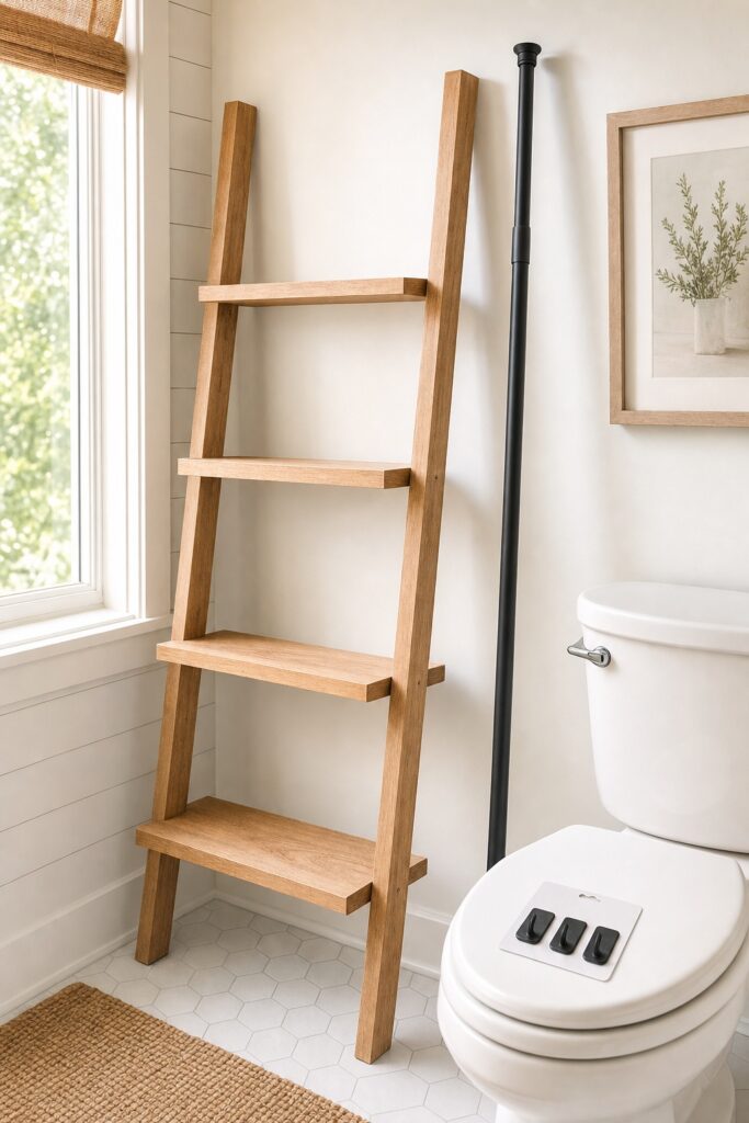 Freestanding ladder shelf, tension pole, and pack of adhesive hooks staged together in a bathroom corner with no tools