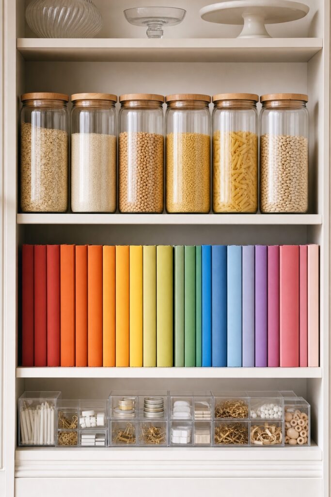 Styled shelf with matching decanted jars, a rainbow ordered bookshelf, and small acrylic organizers that look beautiful but add steps