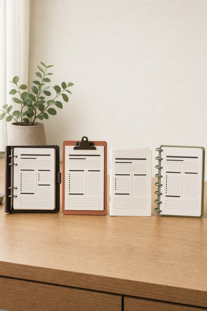 Four planner bindings lined up on a desk: a ring binder, a terracotta clipboard, a folded booklet and a disc-bound set