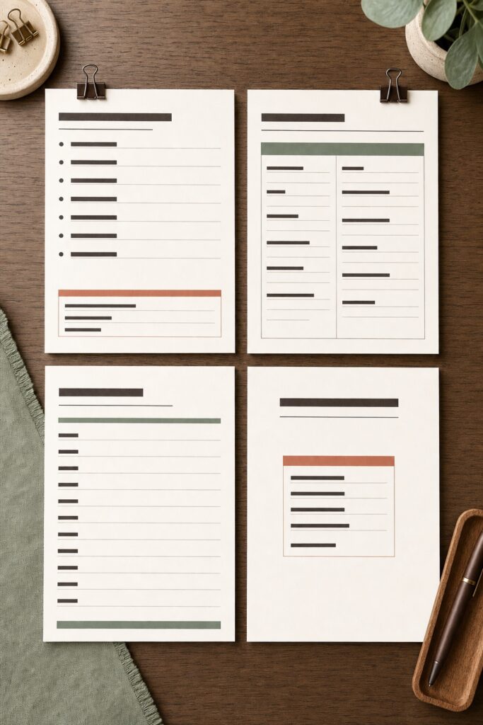 Four printed planner pages laid in a grid, each with a visibly different layout of ruled lines and blocks